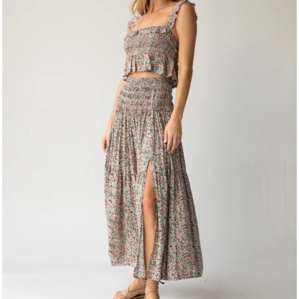 Natural Life Angelina Floral Midi Skirt Ruffle Top SET S/M Boho Cottage NWT